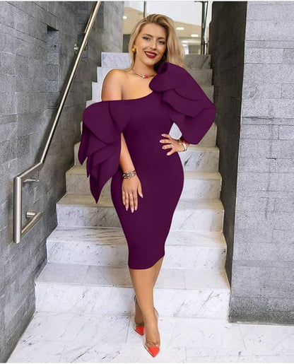DAAWENXI Women's Elegant Ruffle Off The Shoulder Zipper Empire Midi Cocktail Dress
