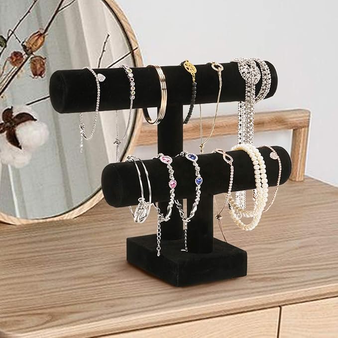 ShellKingdom Jewelry Display, 2 Tier Jewelry Holder for Necklace Bracelet Watch Display, Table Top Display Stand, Velvet T Bar Jewelry Tower (2 tier)