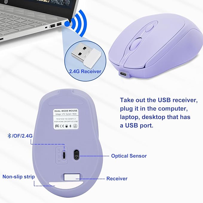 Bluetooth Mouse,Rechargeable Wireless Mouse for LaptopiPadMacBook ProAir, Silent Mouse Portable Slim for Surface ProPCLenovoSamsung Tablet (Purple)
