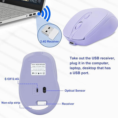 Bluetooth Mouse,Rechargeable Wireless Mouse for LaptopiPadMacBook ProAir, Silent Mouse Portable Slim for Surface ProPCLenovoSamsung Tablet (Purple)