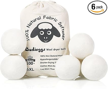 Wool Dryer Balls Organic XL 6-Pack, 100 New Zealand Chemical Free Fabric Softener for 1000 Loads, Baby Safe  Hypoallergenic, Reduce Wrinkles  Shorten Drying Time Naturally
