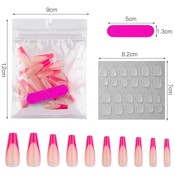 French Extra Long Press on Nails Glossy Coffin Fake Nails V Shape Super Long False Nails Acrylic Ballerina Full Cover Nails 20Pcs for Woemen and Girls (Hot Pink)