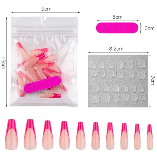 French Extra Long Press on Nails Glossy Coffin Fake Nails V Shape Super Long False Nails Acrylic Ballerina Full Cover Nails 20Pcs for Woemen and Girls (Hot Pink)
