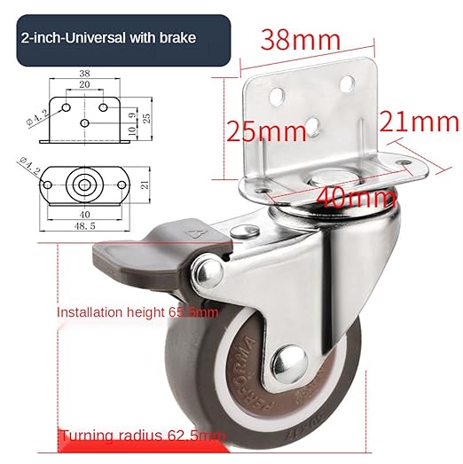 1pc Heavy Duty Casters 20kg Mute Swivel Wheels for Moving Furniture Chair Crib Cabinet Workbench Soft Rubber Universal Castor (Color : 2 inch with Brake)