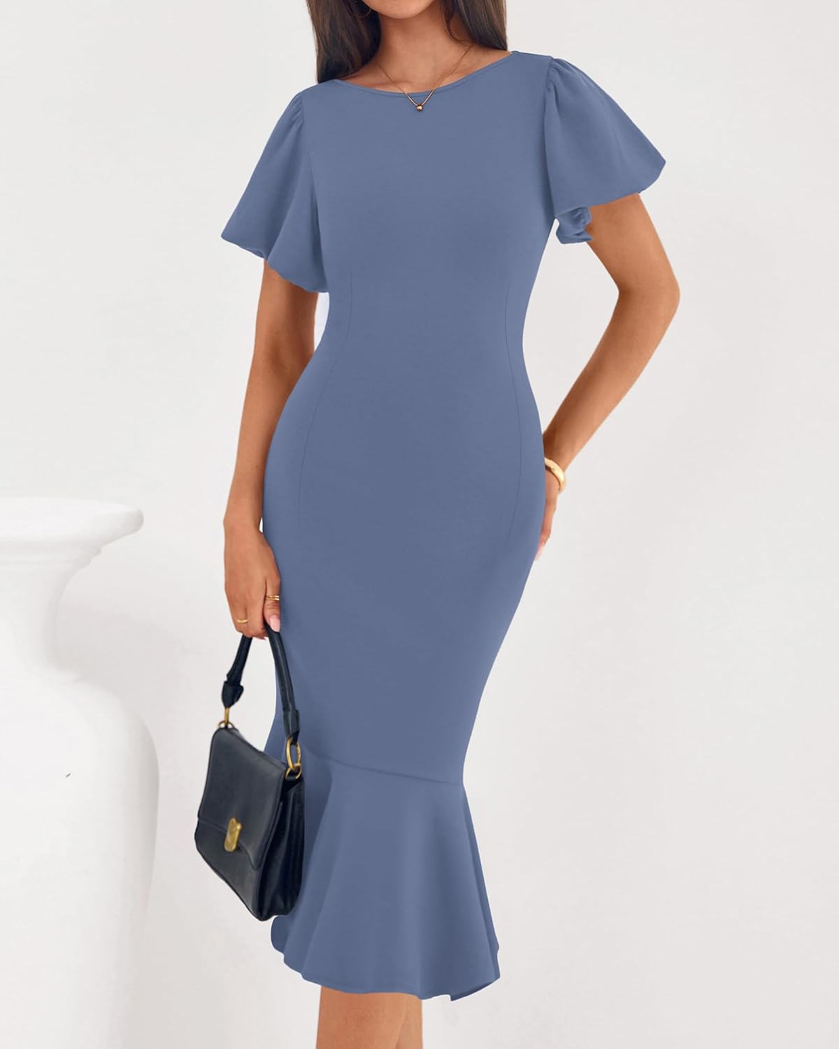 BTFBM Women Formal Wedding Guest Cocktail Dresses 2026 Short Sleeve Ruffle Mermaid Work Bodycon Elegant Midi Summer Dress .