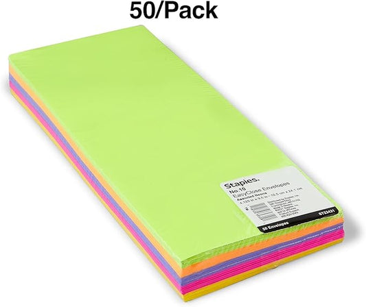 Staples 122725 Easyclose Neon Color Envelopes 10 Assorted 4 18-Inch H X 9 12-Inch W 50Pk