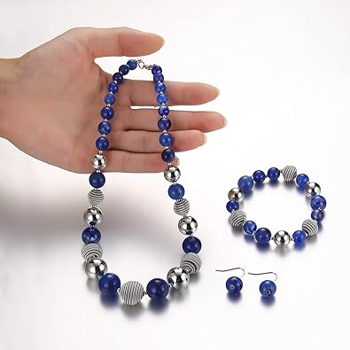PEARLCLUB Beaded Chunky Statement Necklace Earring and Bracelet Set Silver Metal Bead Fashion Jewelry Set Mothers Day Gifts for Women