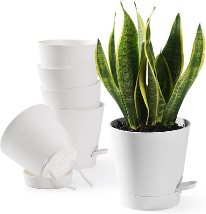Plant Pots 6 PCS 5 inch Self Watering Planters High Drainage Flowers Pot for Indoor Outdoor Plants with Reservoir Tray and Watering Lip Gardening Planter Garden Flower Pots, White