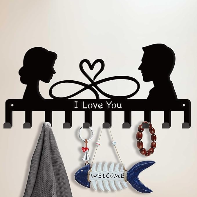 SUPERDANT I Love You Key Holder Couple's Silhouette Metal Key Organizer Decorative 10 Hook Key Hanger Rack Wall Mounted Entryway Key Belt Umbrella Hooks Personalized Key Hanger for Wall Door