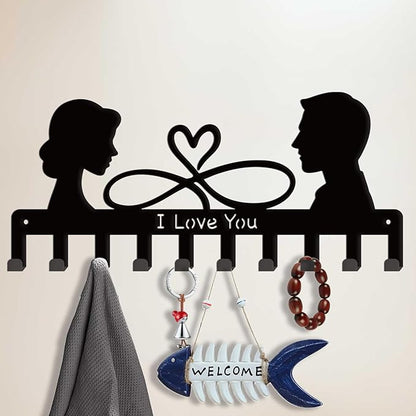 SUPERDANT I Love You Key Holder Couple's Silhouette Metal Key Organizer Decorative 10 Hook Key Hanger Rack Wall Mounted Entryway Key Belt Umbrella Hooks Personalized Key Hanger for Wall Door