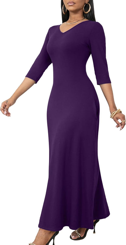 FANDEE Maxi Dress for Women 3/4 Sleeve Maxi Dresses V Neck Casual Loose Long T Shirt Dresses Basic (M-3XL)