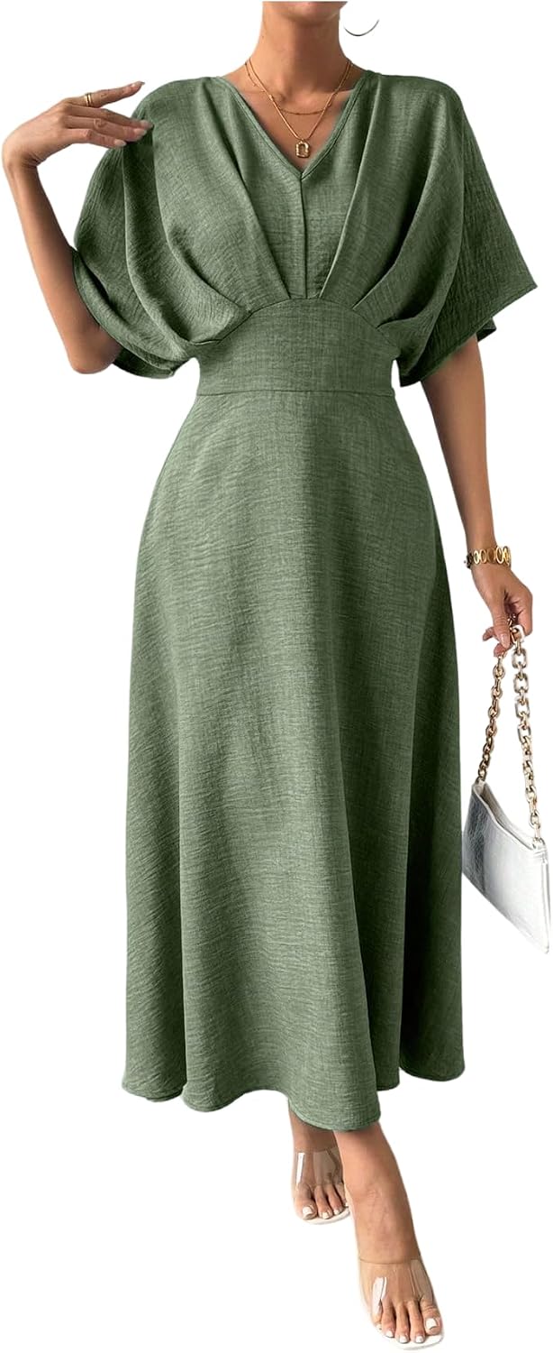 Small Not Medium Floerns Women's V Neck Half Sleeve Dress Pleated Ruffle A Line Elegant Maxi Dresses Green