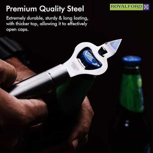 Stainless Steel Bottle Opener  Opener with forked Church Key and Crown Cork  Ideal for opening Bottles and Piercing Cans  Ergonomically Designed Handle with Hanging Loop  Stylish Design