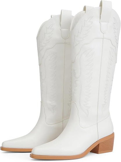 Cowboy Boots for Women Mid Calf Womens Cowgirl Boots for Girls Pointed Toe Slip on Chunky Heel Western Boot