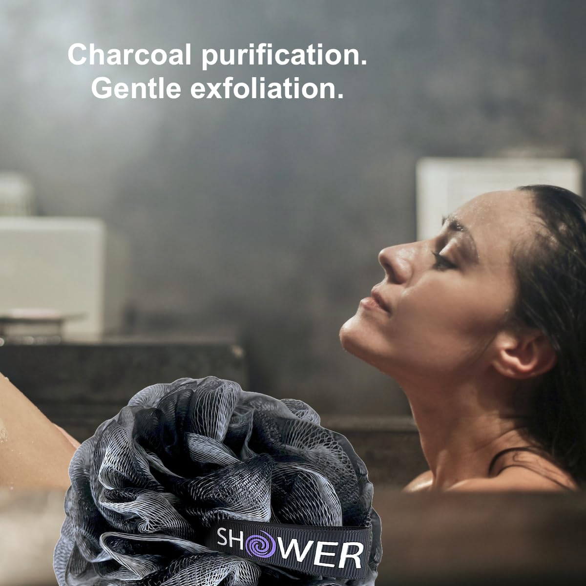 Loofah-Charcoal Back-Scrubber & Bath-Sponge Set // 1 Long-Handle-Back-Brush Plus 2 Extra Large 75g Soft Mesh Loofa-Lufa-Loufa Puff Poufs, Men & Women - Exfoliate with Full Pure Cleanse