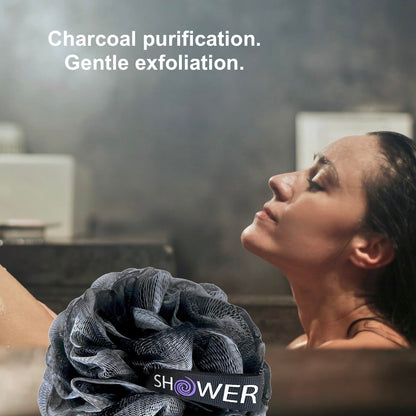 Loofah-Charcoal Back-Scrubber & Bath-Sponge Set // 1 Long-Handle-Back-Brush Plus 2 Extra Large 75g Soft Mesh Loofa-Lufa-Loufa Puff Poufs, Men & Women - Exfoliate with Full Pure Cleanse