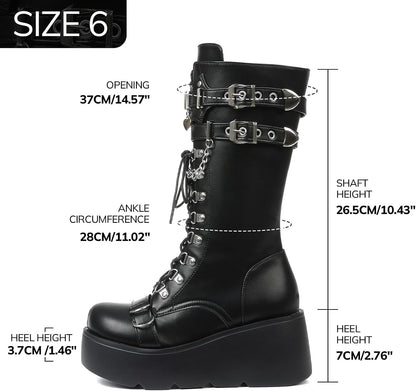 Women's Black Platform Boots Wedge Combat Gothic Chunky Heel Lace Up Mid Calf Punk Motorcycle Shoes