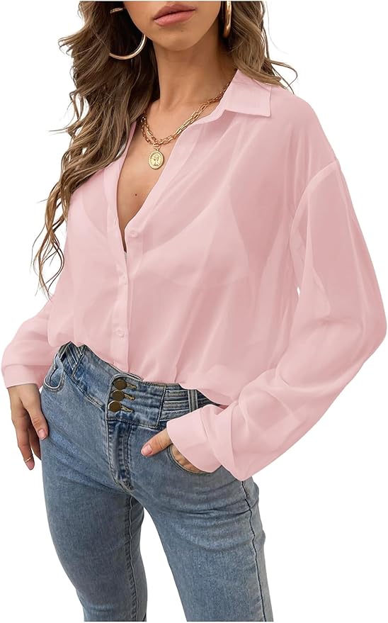 Verdusa Women's Sheer Mesh Button Down Shirt Top Long Sleeve Drop Shoulder Blouse
