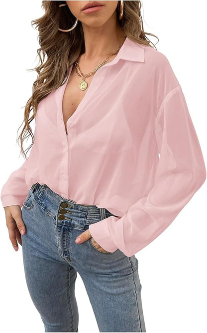 Verdusa Women's Sheer Mesh Button Down Shirt Top Long Sleeve Drop Shoulder Blouse
