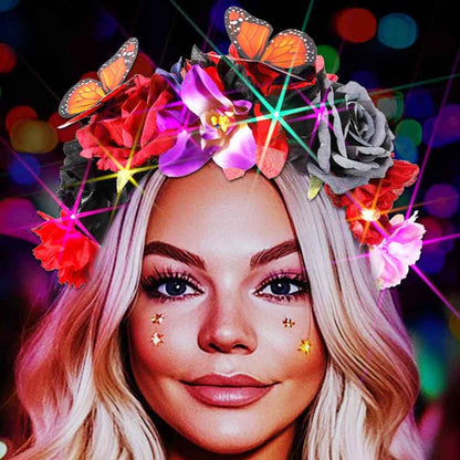 DRESBE Boho Light Up Flower Headband LED Butterfly Floral Headbands Glow Hawaii Beach Party Hair Accessories for Women (Multicolor C)-1 pack