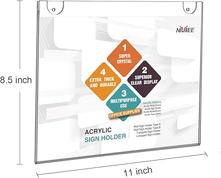 NIUBEE 3-Packs Acrylic Wall Sign Holder 8.5x11 Horizontal, Clear Plastic Picture Frames , Wall Mounted Design, Support No Drilling (Provide 3M Tape and Mounting Screws)