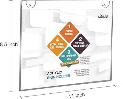 NIUBEE 3-Packs Acrylic Wall Sign Holder 8.5x11 Horizontal, Clear Plastic Picture Frames , Wall Mounted Design, Support No Drilling (Provide 3M Tape and Mounting Screws)