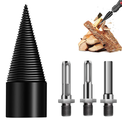 Electric Log Splitter Drill Bit 32mm Wood Splitting Cone Bit with 3 Handle Types Steel Wood Cracking Tool for Firewood Splitting Outdoor Camping Farm Use Heavy-Duty Efficiency