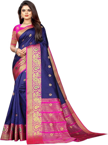 Ethnic Motifs Zari Jute Silk Banarasi Saree - 214351, Navy Blue, One Size, Navy Blue, One Size