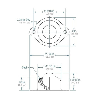 (Case of 10) Hudson Bearings BT-1CS Two-Hole Flange Mounted Ball Transfer, Carbon Steel, 1" Diameter, 75 lbs Load Capacity