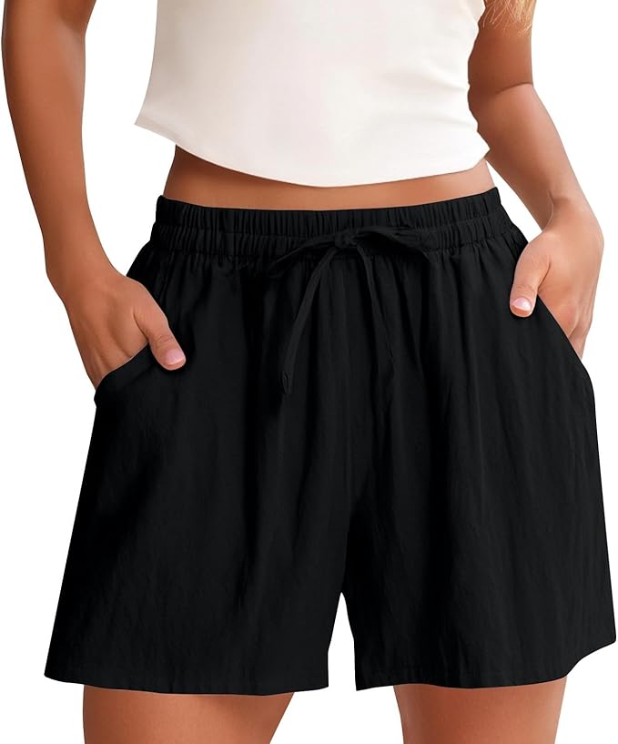 Linen Shorts for Women High Waisted Elastic Bermuda Shorts Casual Drawstring Loose Cute Beach Vacation Wide Leg Pants