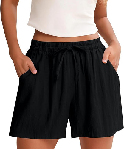 Linen Shorts for Women High Waisted Elastic Bermuda Shorts Casual Drawstring Loose Cute Beach Vacation Wide Leg Pants