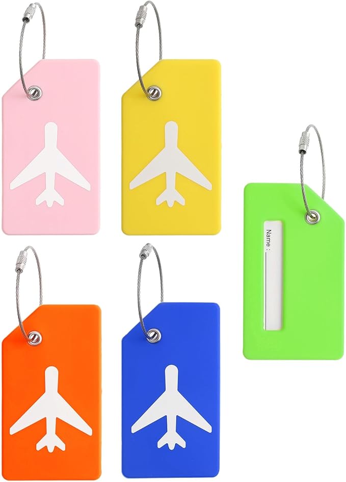 PATIKIL Silicone Luggage Tag, 5 Pcs Silicone Suitcase Tag Identifier Name ID Card Holder Privacy Protection with Stainless Steel Loop, YellowBlueFluorescent GreenOrangePink