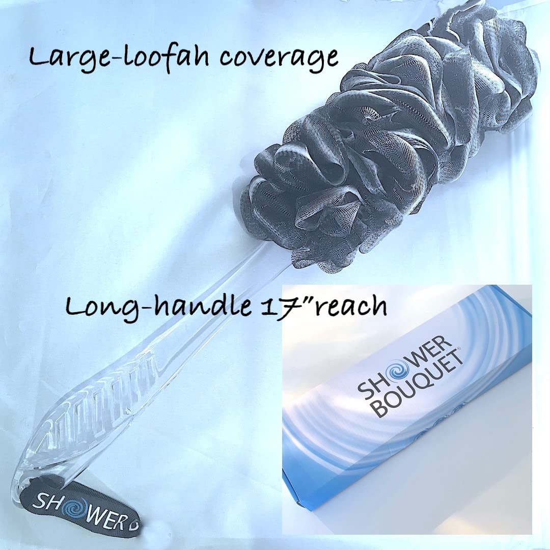 Loofah-Charcoal Back-Scrubber & Bath-Sponge Set // 1 Long-Handle-Back-Brush Plus 2 Extra Large 75g Soft Mesh Loofa-Lufa-Loufa Puff Poufs, Men & Women - Exfoliate with Full Pure Cleanse
