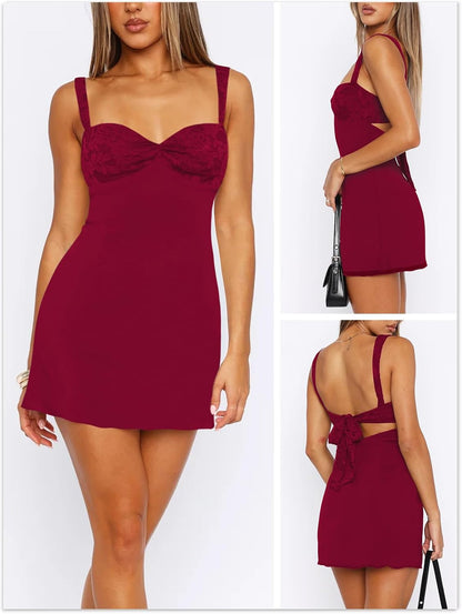 Women's Summer Mini Dresses Sleeveless Sexy Square Neck Lace Splicing Cocktail Party Straps Bodycon Dress .