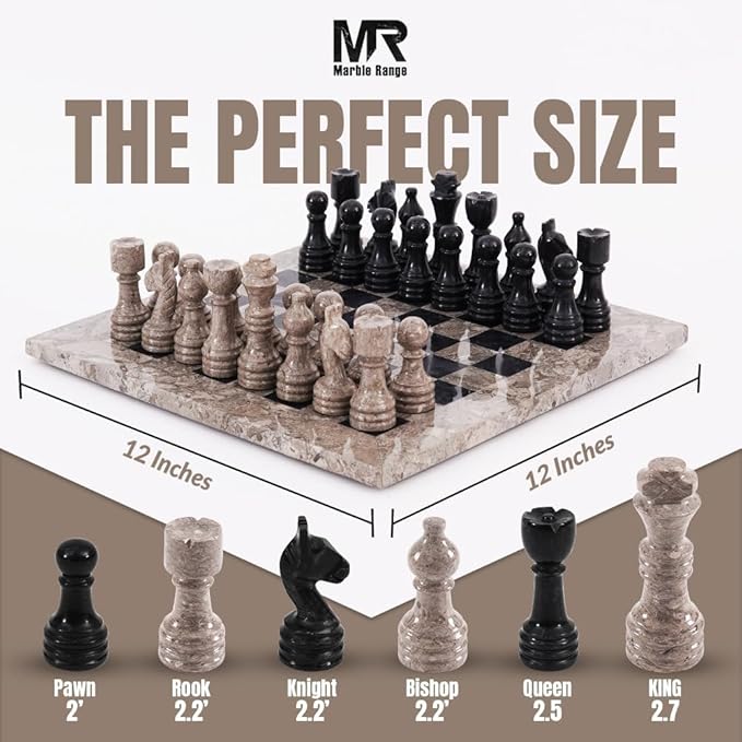 Marble Chess Set 12 Inch Handmade Oceanic  Black Board Game with Storage Box, Classic Travel Chess Set for Adults with Pieces  2 Extra Queens, Elegant Gift  Home Decor