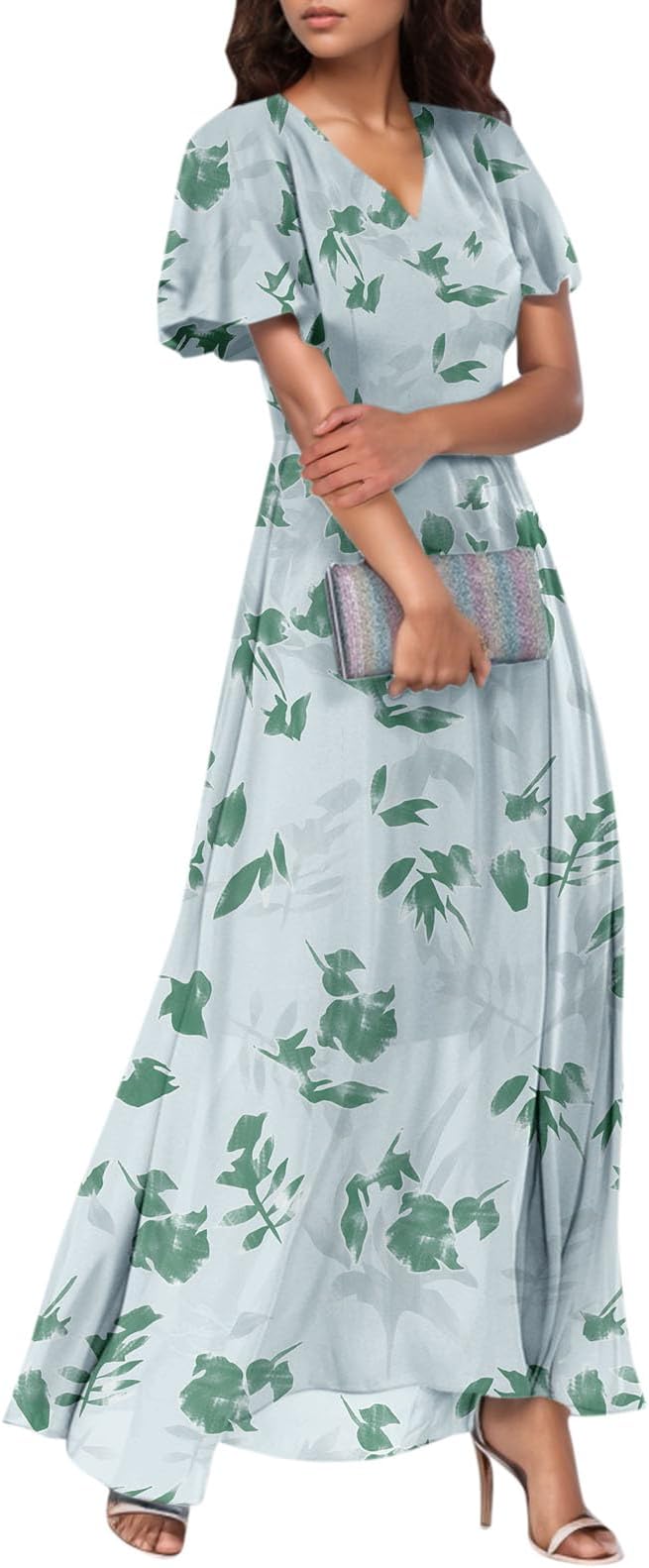 Chiffon Dresses for Women Flutter Sleeve Summer Boho Floral Maxi Dresses Gauze Flowy Garden Wedding Guest Long Dress