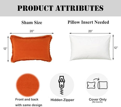 YOUR SMILE Throw Pillow Cases Pack of 2 Cotton Fringe Edges Dyed Soft Chenille Cushion Covers for Couch Sofa Home Farmhouse Decoration 12 x 20 inchOoaRust Orange