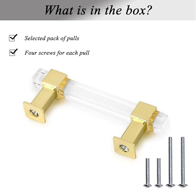 knobelite 3-12 Inch Hole Center Adjustable Cabinet Pulls 5 Pack, Square Drawer Pulls with Gold Zinc Alloy Base and Clear Arcylic Tube, Kitchen and Bedroom Glass Cabinet Handles