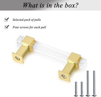knobelite 3-12 Inch Hole Center Adjustable Cabinet Pulls 5 Pack, Square Drawer Pulls with Gold Zinc Alloy Base and Clear Arcylic Tube, Kitchen and Bedroom Glass Cabinet Handles