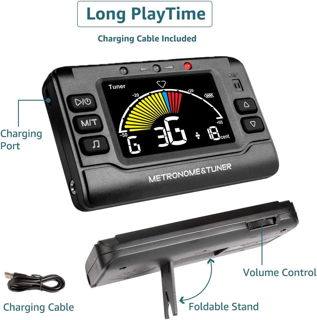 Wegrower Metronome Tuner, Rechargeable 3 In 1 Digital Metronome Tuner Tone Generator for Guitar, Bass, Violin, Ukulele and Chromatic,Clarinet, Trumpet, Flute, Tuners for All Instruments (Clamp cable not included)