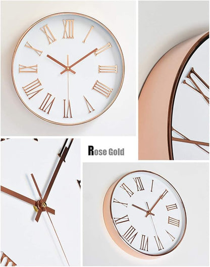 12 Inch Classic Round Clock, Traditional Roman Numeral Quartz Wall Clock, Modern Silent Non-Ticking Home for Living Room/Kitchen/Office Decorative,Gold