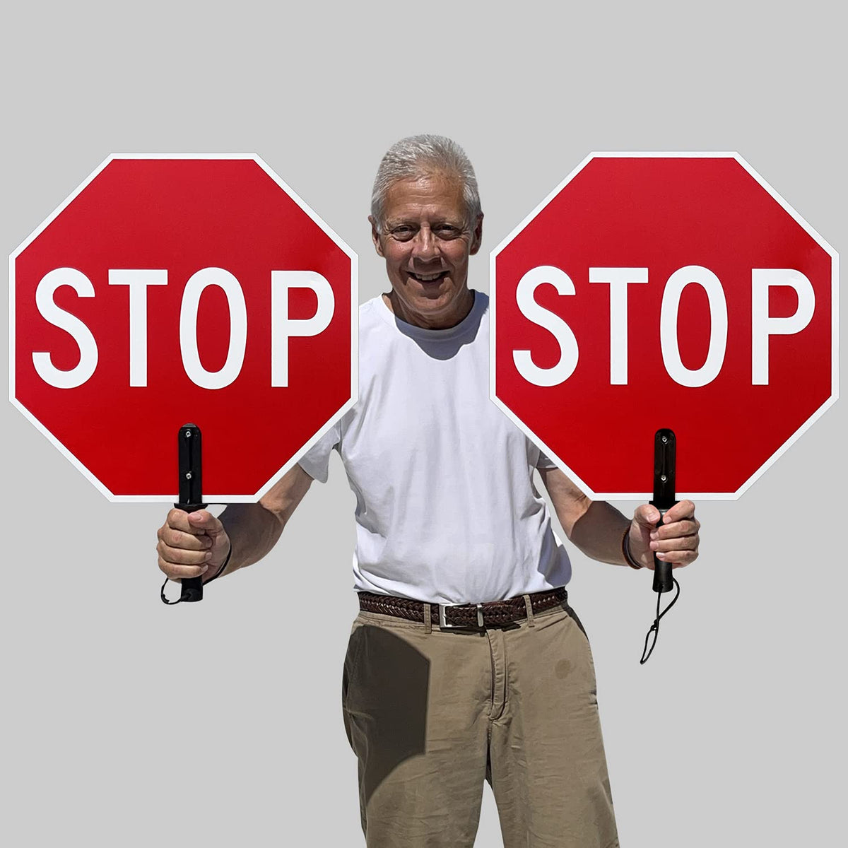 SmartSign Pack of 1, 18 x 18 inch Handheld “STOP - STOP” Paddle Sign with Handle, Double-Sided, Screen Printed, 120 mil Aluminum Composite, Red and White, Made in USA