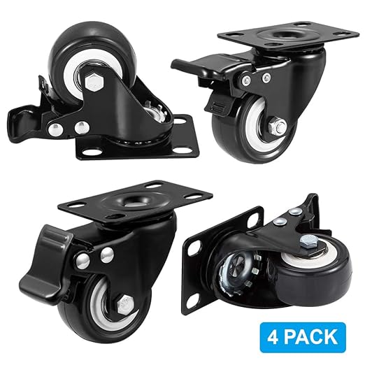 2" Caster Wheels, Heavy Duty Casters with Brake Set of 4, Locking Casters with 360 Degree No Noise Polyurethane (PU) Wheels, Swivel Plate Castors Pack of 4