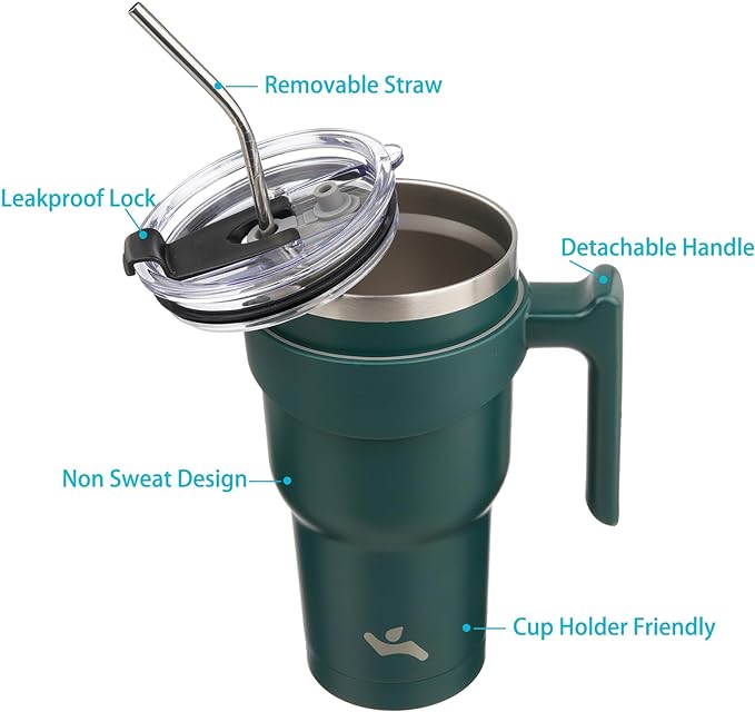 30 oz Tumbler with Handle and 2 Straw 2 Lid, Insulated Water Bottle Stainless Steel Vacuum Cup Reusable Travel Mug,Army Green