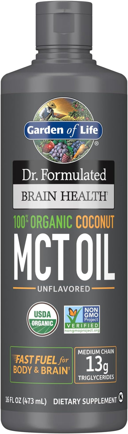 Garden of Life Dr. Formulated Brain Health 100 Organic Coconut MCT Oil 16 fl oz Unflavored, 13g MCTs, Keto  Paleo Diet Friendly Body  Brain Fuel, Certified Non-GMO Vegan  Gluten Free, Hexane-Free