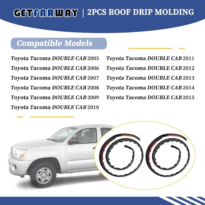 2pcs Roof Drip Molding 75551-04063 75561-02020 75552-04061 Compatible with Toyota Tacoma Double CAB 2005-2015