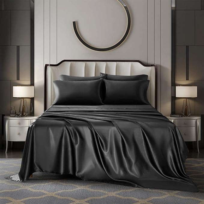 AiMay 6 Piece Satin Bedding Sheet Set Queen Black Deep Pocket 1800 Series Luxury Rich Silk Silky Super Soft Solid Color 4 Pillowcases Reversible Sexy Honeymoon Wrinkle Free (Queen,Black)