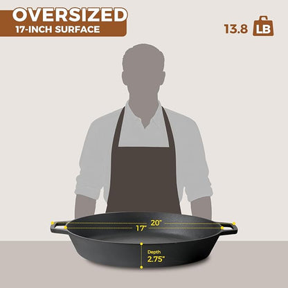 EDGING CASTING Pre-Seasoned Large Cast Iron Skillet 17 Inch, Dual Handle Outdoor Camping Frying Pan, Pizza Pan, Use for Grill, Stovetop, Induction, Oven Safe Cookware