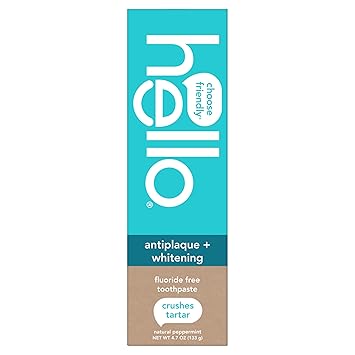 hello Antiplaque and Whitening Fluoride Free Toothpaste, Whitening Toothpaste with Coconut Oil and Tea Tree Oil, Helps Whiten Teeth, Natural Peppermint, 4.7 Oz Tube