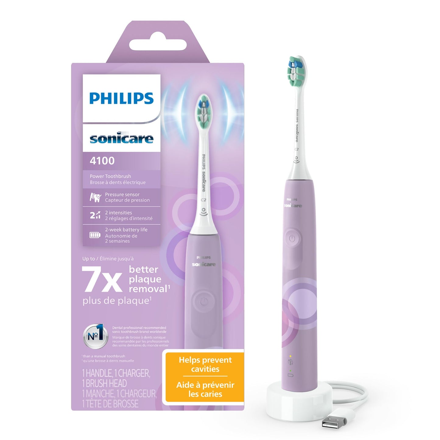 Philips Sonicare 4100 Electric Toothbrush, Sonic Toothbrush with Two Intensity Levels, Pressure Sensor and Timer, Lush Lilac Prismatic